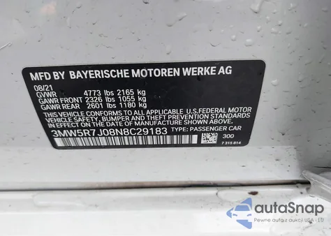 2022 BMW 330I xDrive z USA, uszkodzony, nr VIN 3MW5R7J08N8C29183